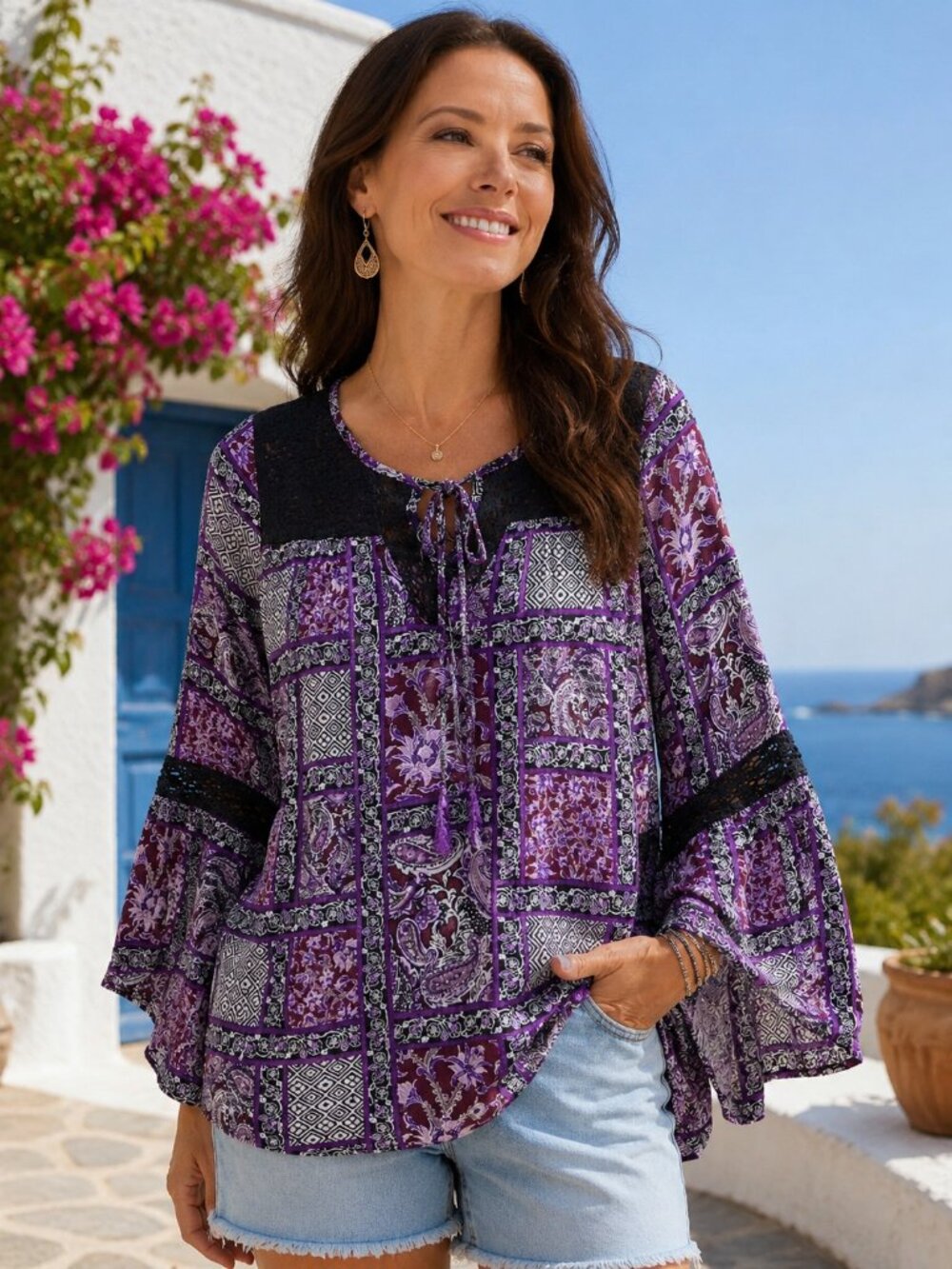 Mystree Boho Paisley Lace Bell Sleeve Peasant Blouse Purple Patchwork Tunic Top
